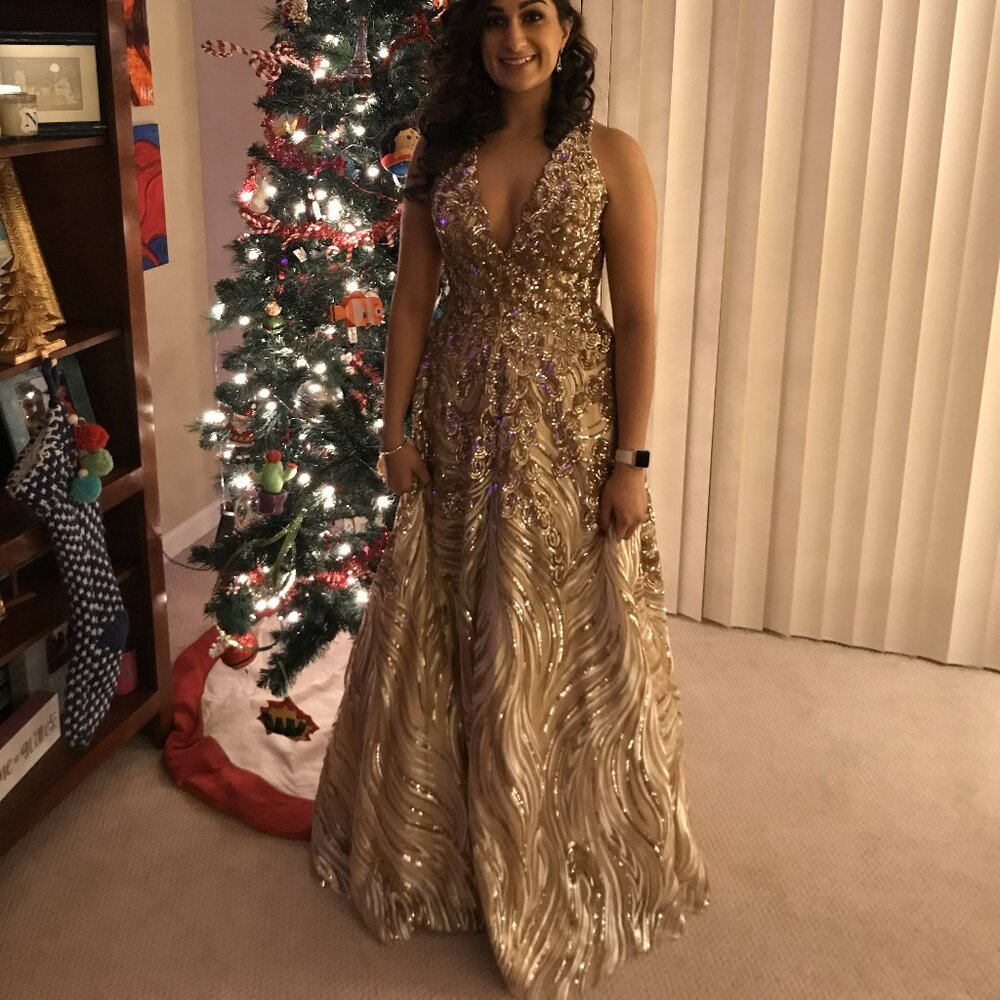 Gold Beaded Plunge Formal Gown – JVN Jovani